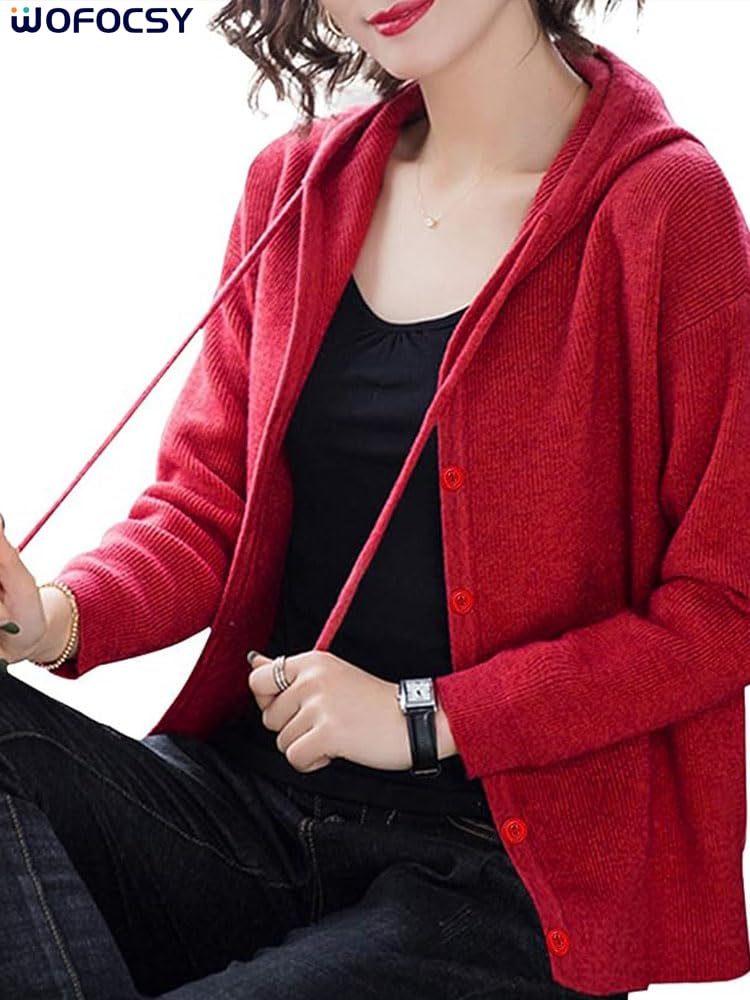 WOFOSY Hooded Knit Long Winter Outerwear for SY179 Women's Cardigan, Sleeve, Warmth, Fall/Winter, (Red)