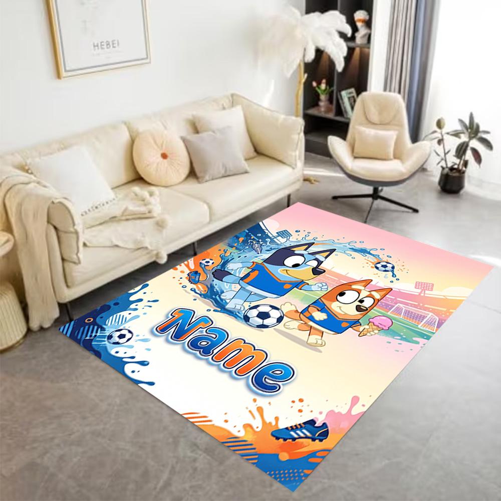 Bluey's Soccer Fun Customized Name Floor Mat Perfect for Study room Foyer Decorate room Playrooms Anti-slip Rug Decorate Offices