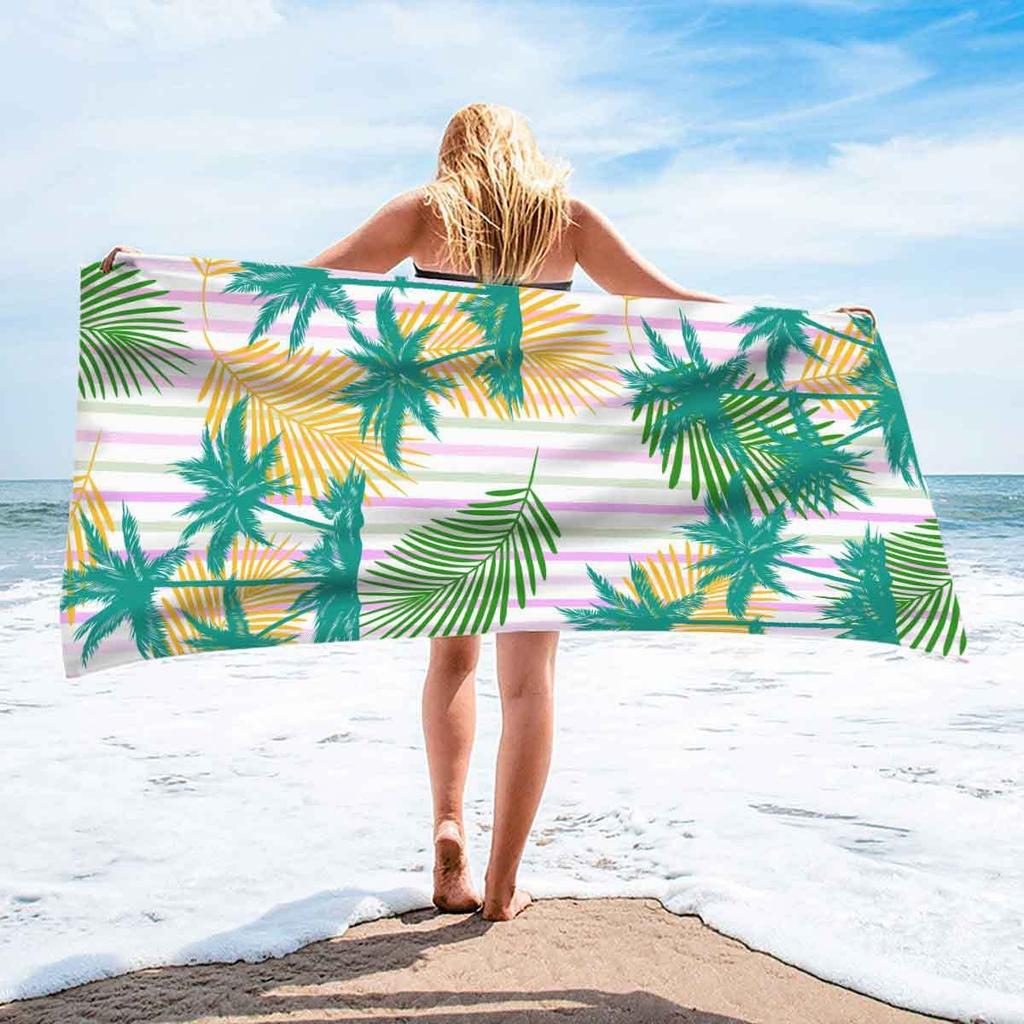 Tropical Palm Tree Striped Beach Towel Summer Stripe Leaf Print Soft Absorbent Quick Dry Beach Blanket for Vacation Daily Use