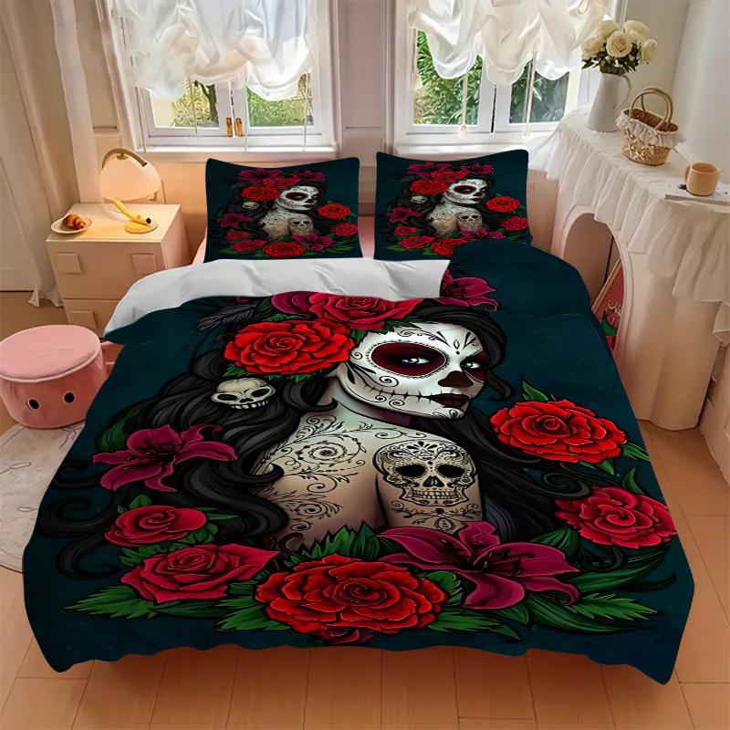 3pcs Sugar Skull Duvet Cover Set, Soft Comfortable Duvet Cover,Guest Room (1*Duvet Cover + 2*Pillowcase, Without Core) yy251104162