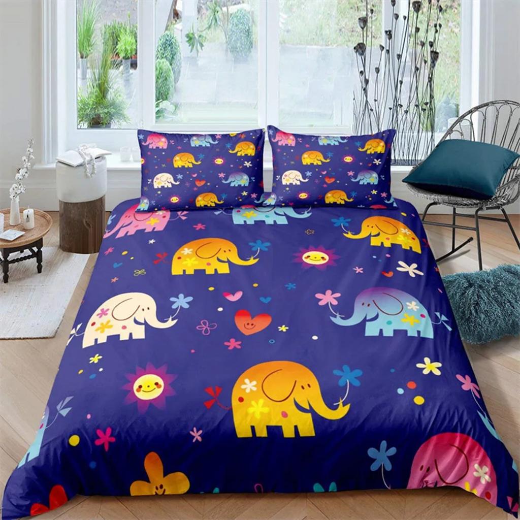 Boys Girls Kawaii Elephant Duvet Cover Cute Animals Quilt Cover Queen Size Soft Microfiber Cartoon Bedroom Decorations Children