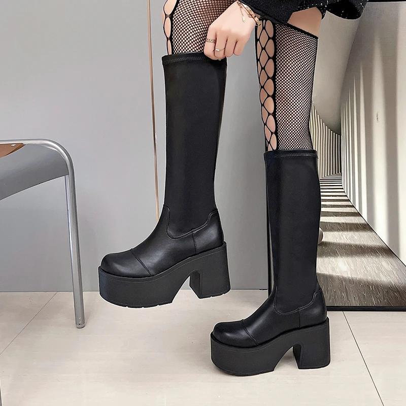 Black Thick Heels Elastic Micro Knee High Boots For Women Punk Style Autumn Winter Chunky Platform High Boots Party Shoes Ladie