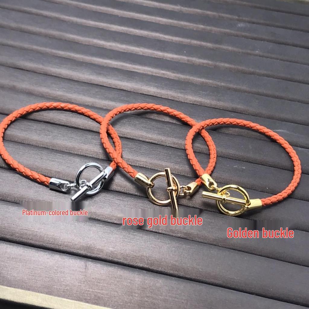 European & American Fashion H-Shaped Leather Cord Bracelet In Enamel V with 18K Rose Gold Plating - Pig Nose Design, Influencer Couple Style