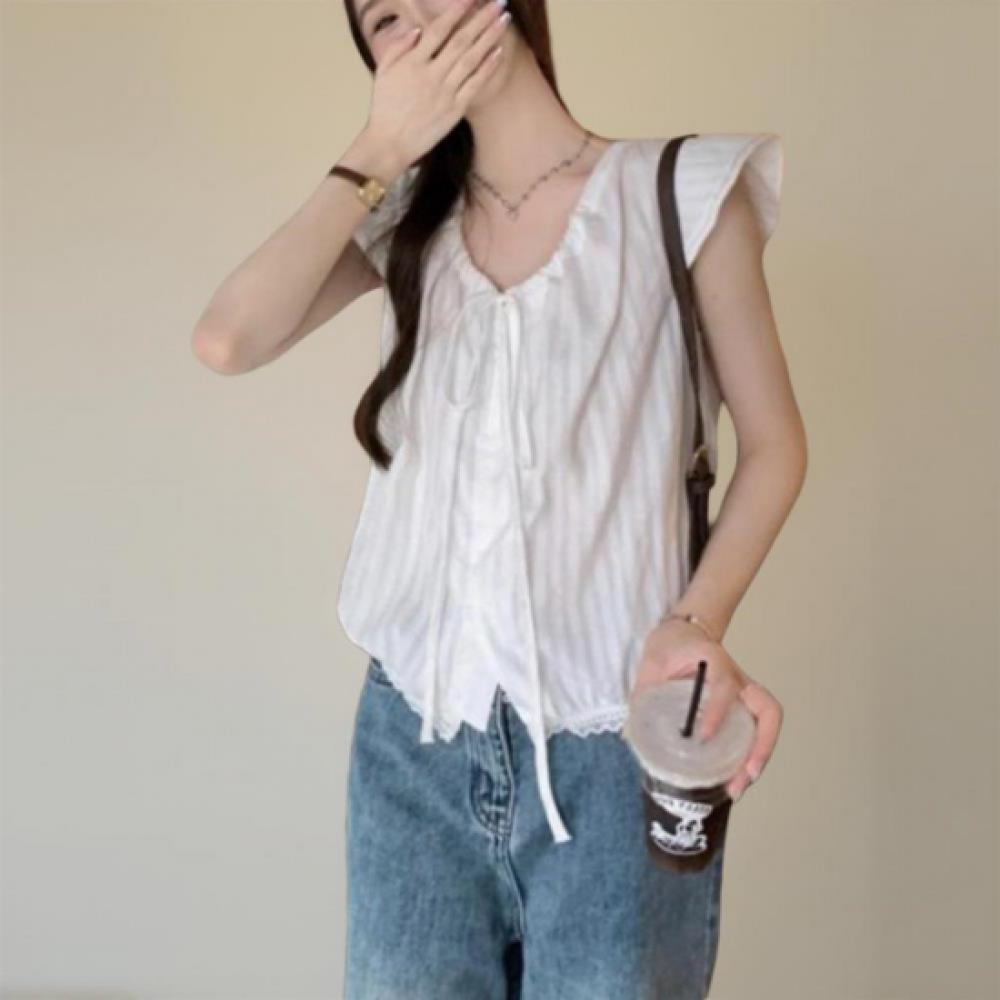 New Arrivals Open Run Women Ruffle Cap Sleeve Shirring Blouse