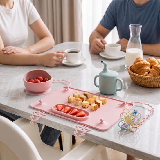 Multi-functional Activity Pad Silicone Baby Placemat with Suction Cup, Toddlers Eating Food Mat Mats Anti-fall Rope, Foldable for Kids Non Slip Table