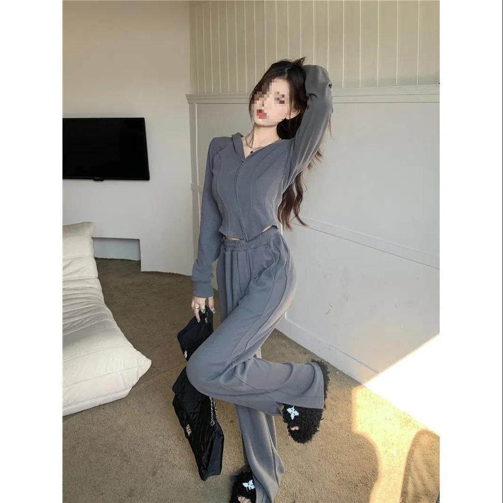 Women's Two-Piece Korean Style Hooded Sweatshirt Jacket with Slit Wide-Leg Pants for Spring and Summer