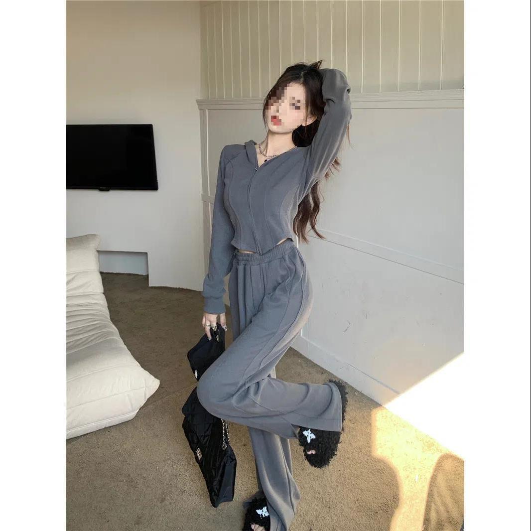 

Women s Two-Piece Korean Style Hooded Sweatshirt Jacket with Slit Wide-Leg Pants for Spring and Summer M Recommended [100-110 lbs]