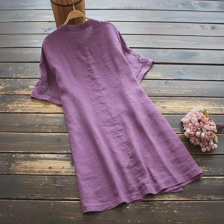 Women's Artistic Retro Dress: Short Sleeve, Loose Stand Collar, Solid Color, Heavy Embroidered Cotton-Linen Top for Summer 2024