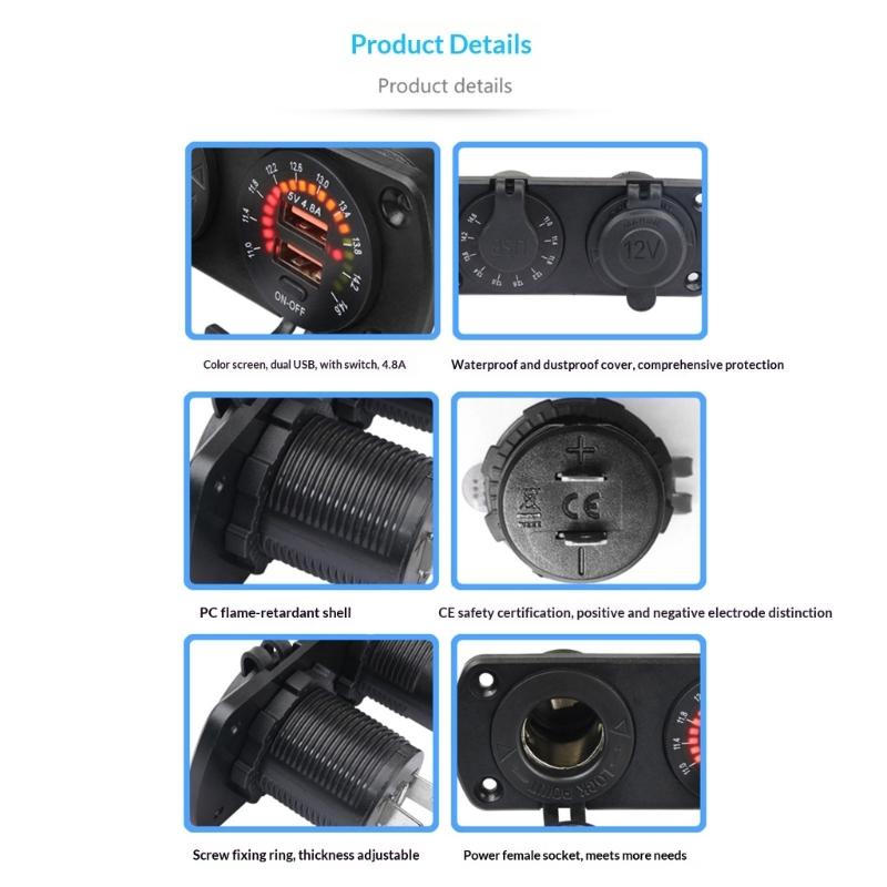 12-24V Double USB A 4.8A Fast Charging Marine Car Switches Panel with Voltage Display Waterproof Cover and Safety Protec
