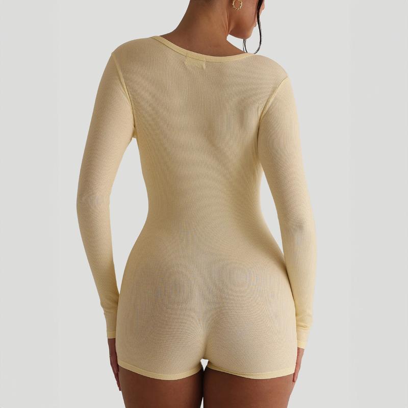 Women's Casual Ribbed Knit Bodysuit Slim Fit Long Sleeve Henley Neck Short Onesie Loungewear Cream Yellow