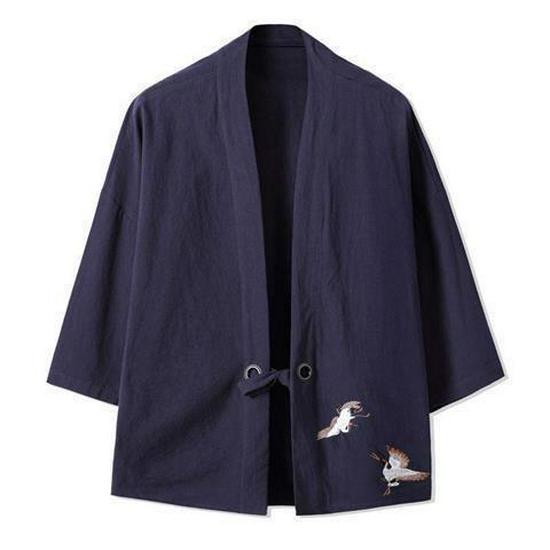 Herren Chinesischer Stil Dreiviertelarm Tang Anzug Kimono Leinen Strickjacke