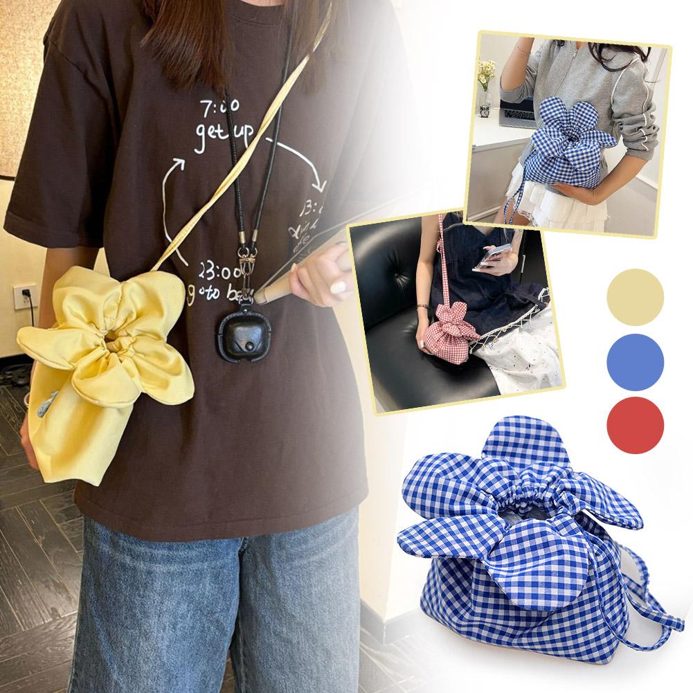 Casual Plaid Drawstring Floral Handbag Large Capacity Portable Cute Flower Handbag Shopping Vacation Travel