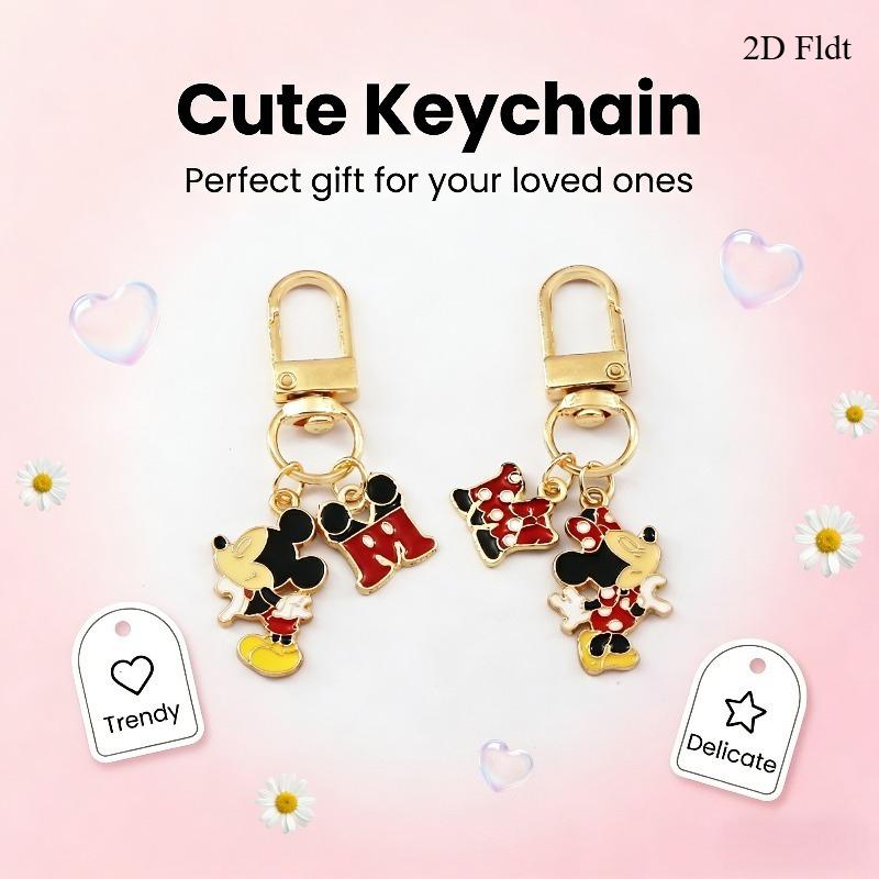 2 sady kovových klíčenek Mickey Mouse Roztomilé přívěsky na tašku Minnie Mouse Kreslené doplňky Klíčenky s kreslenými postavičkami Zlatá verze Dárek Dárková sada