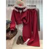 Red Hooded Fleece-Lined Women's Cardigan Sweatshirt & Pants Set - Thickened with Fur Collar for New Year's.