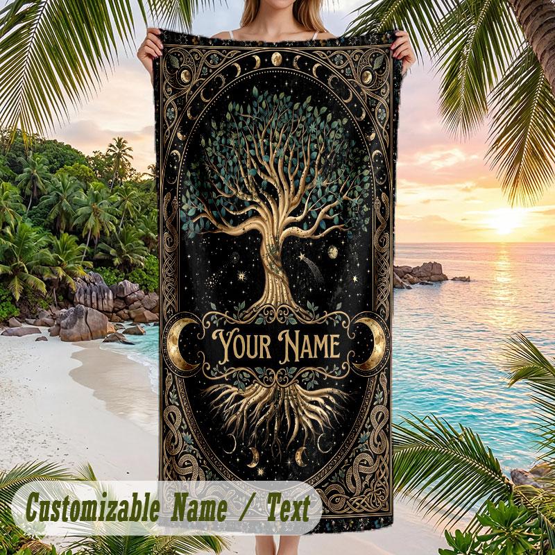 Tree Life Celestial Harmony Theme Quick Dry Beach Towel Custom Name Text Print Large Sand Resistant Towel Beach Vacation