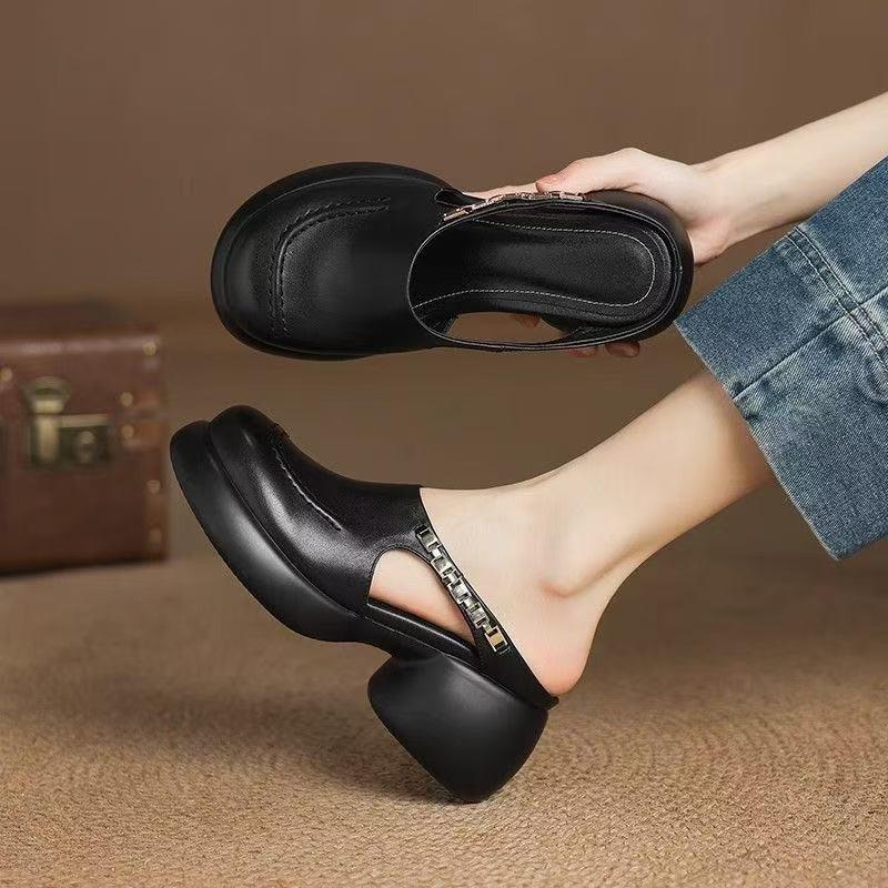 Baotou Thick-soled Sandals for Women Wearing Soft Leather Thick Heels and Half Drags 2025 New Summer Temperament Metal Buckle High-heeled Slippers