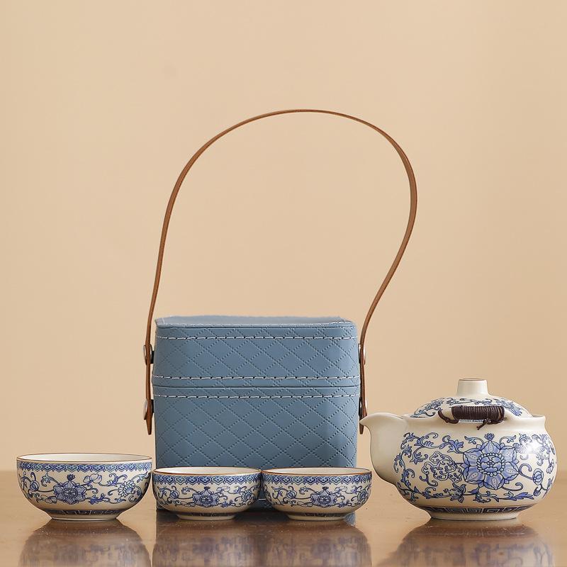 Hand-held Pot Twisted Lotus Portable Blue and White Travel Tea Set Kuaike Ru Kiln One Pot Three Cups Kuaike Cup Outdoor Gift