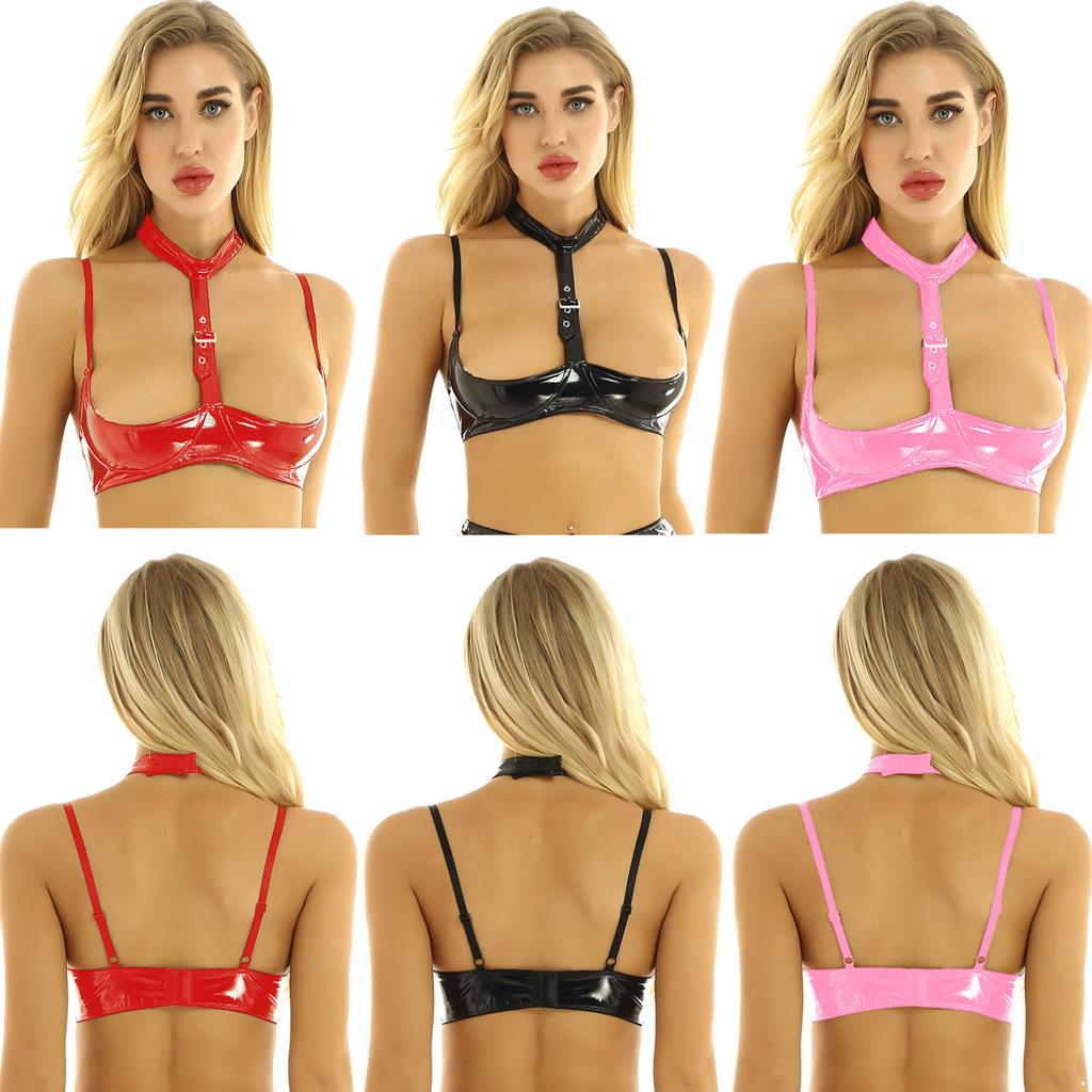 Womens Wet Look Patent Leather Lingerie Halter Neck Adjustable Straps Open Cups Shelf Bra Top
