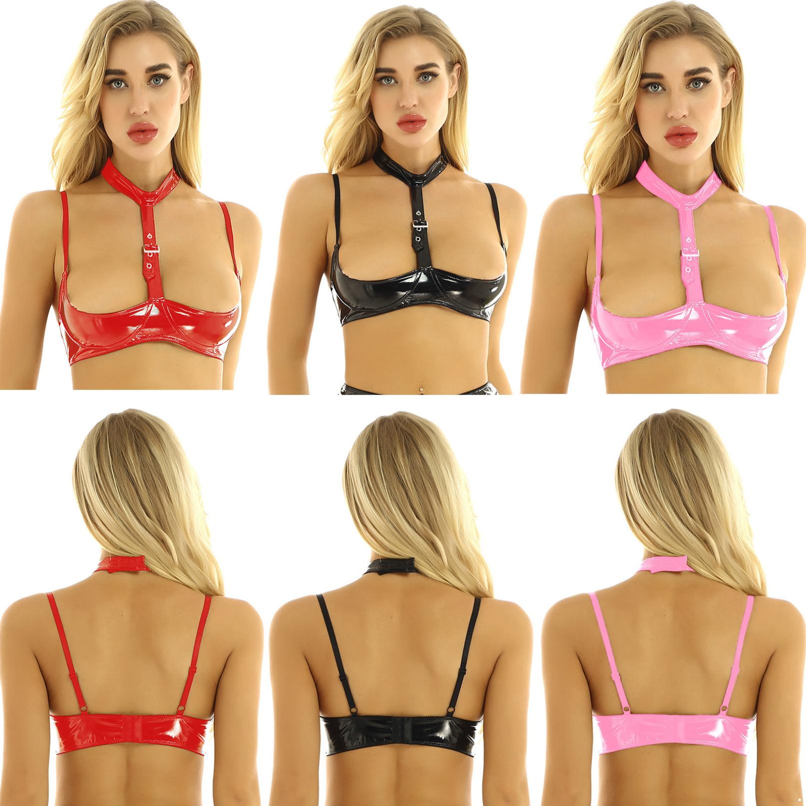 Lingerie en cuir verni aspect mouillé pour femmes, col licou, bretelles réglables, bonnets ouverts, haut de soutien-gorge S
