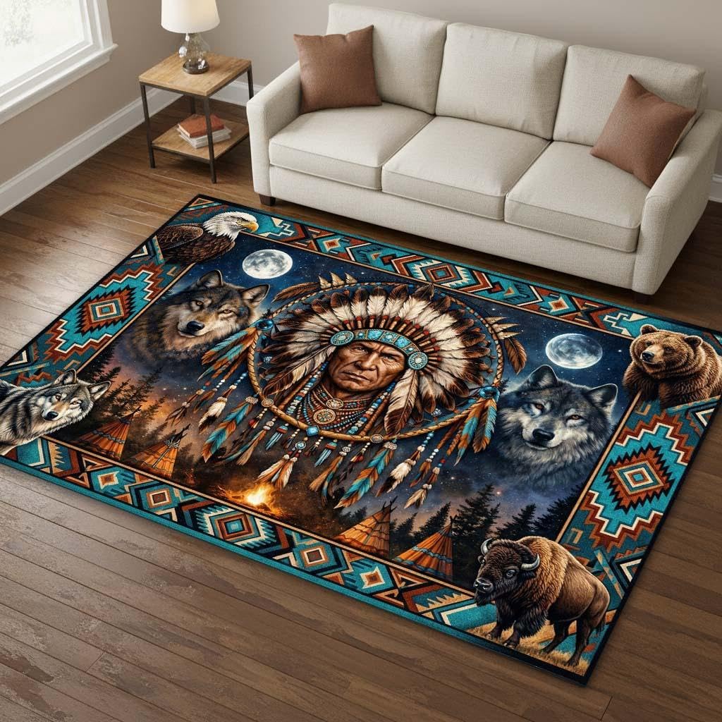 Tappeto a tema ispirato ai nativi americani, Mandala tribale e Tappetino antiscivolo geometrico per camera da letto, soggiorno, Tappeto decorativo rustico