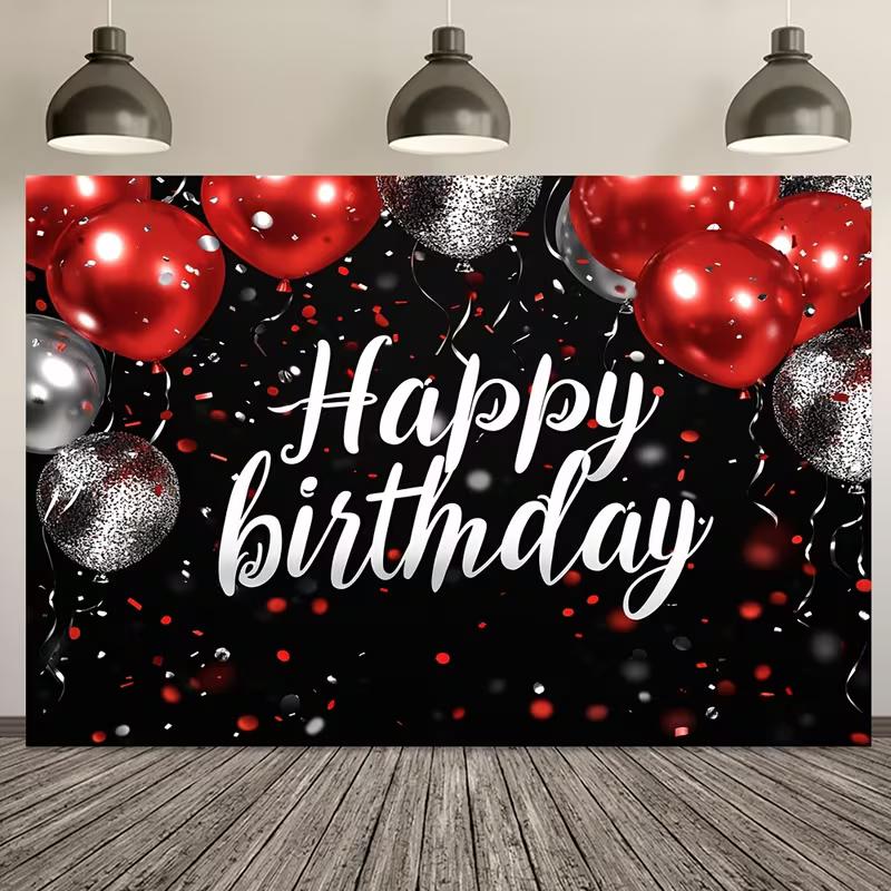 2D Red Silver Balloon Birthday Backdrop, Black Background with Confetti for Events