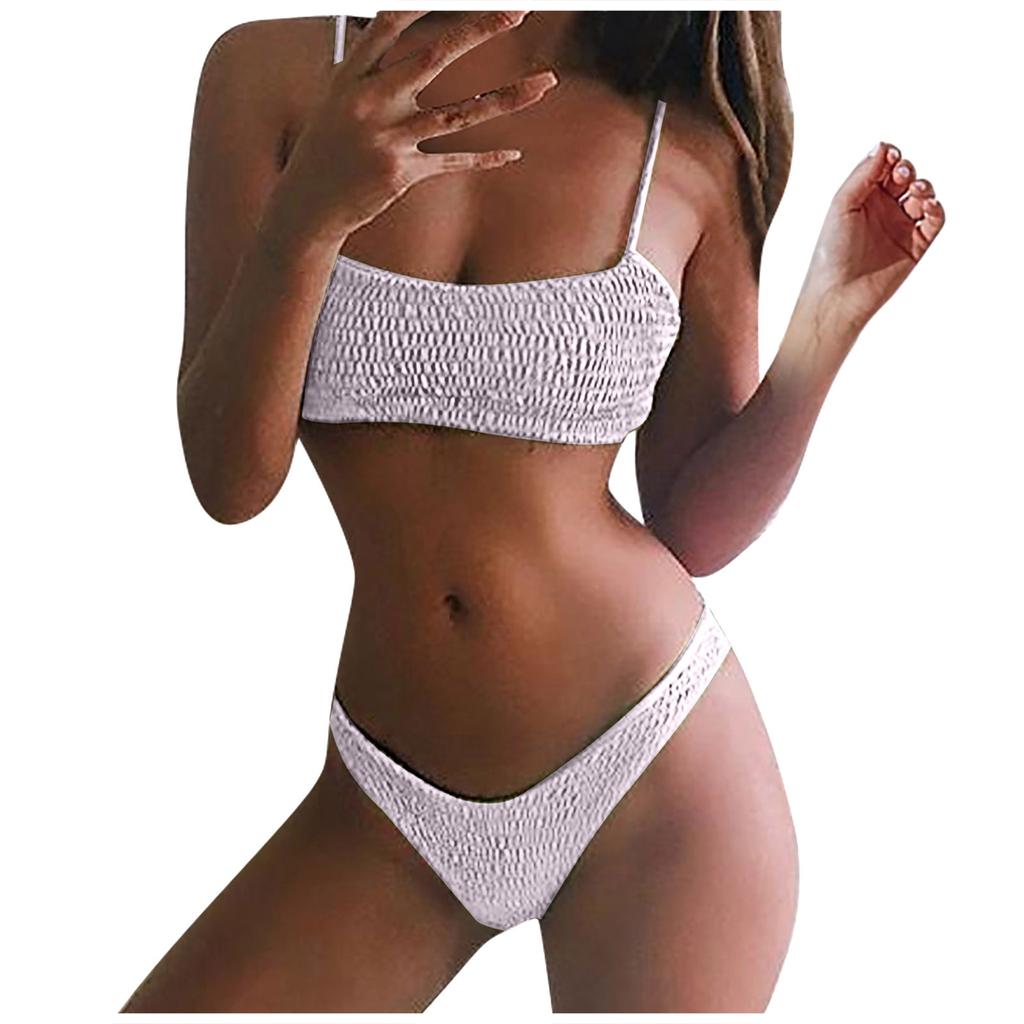Women Casual Fashion Solid Color Two Piece Swimsuit Bikini Set Stretch Fabric Adjustable Straps Summer Beachwear Swimwear