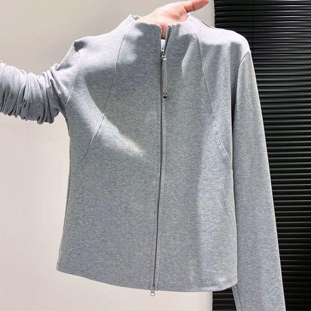 

Plus Size Thermal Fleece Double Zipper Stand Collar Slimming Long Sleeve Winter Top L [For 50-60 kg] серый