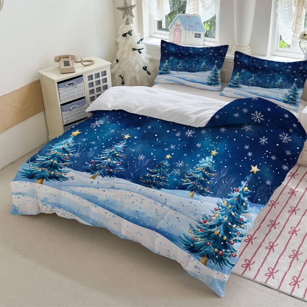 3pcs Blue Bedding Set Snowflakes Print Cozy Soft Duvet Cover King Queen Twin Size for Home Bedroom Decor New Year Christmas Gift