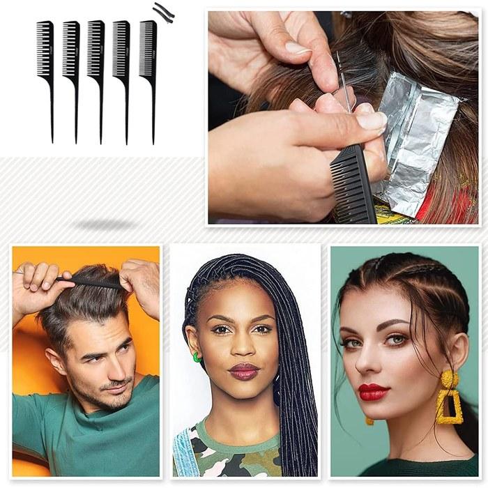 Highlight Comb, Steel Needle Combs, Heat Resistant, Anti-Static, Men's & Women's, Hair Styling, Hair Salon, Barber, Home, Black, 5-Pack