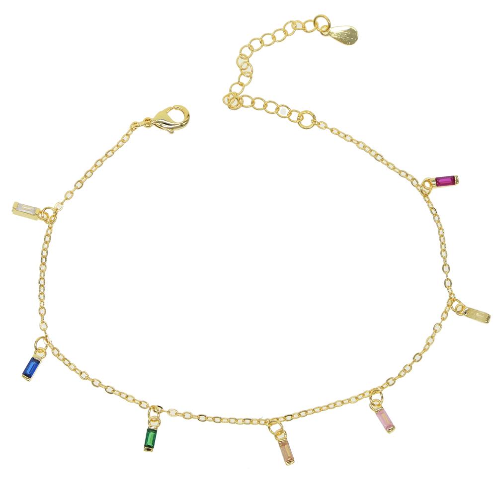 Gold Plated High Quality Rectangle Cubic Zirconia Charm rainbow Cz Drop Link Chain Summer Anklet