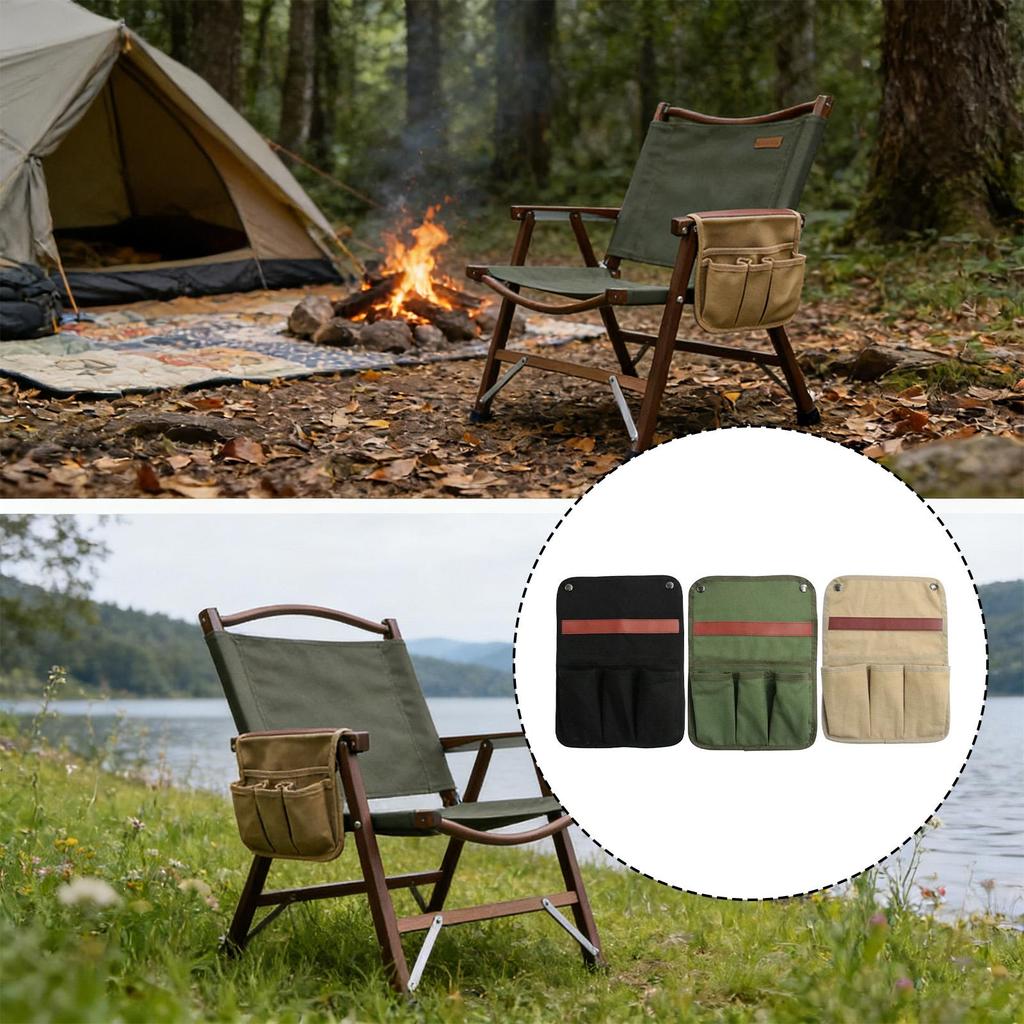 Camping Chair Armrest Storage Bag with Multi Pockets Water Bottle Holder Hanging for Bathing