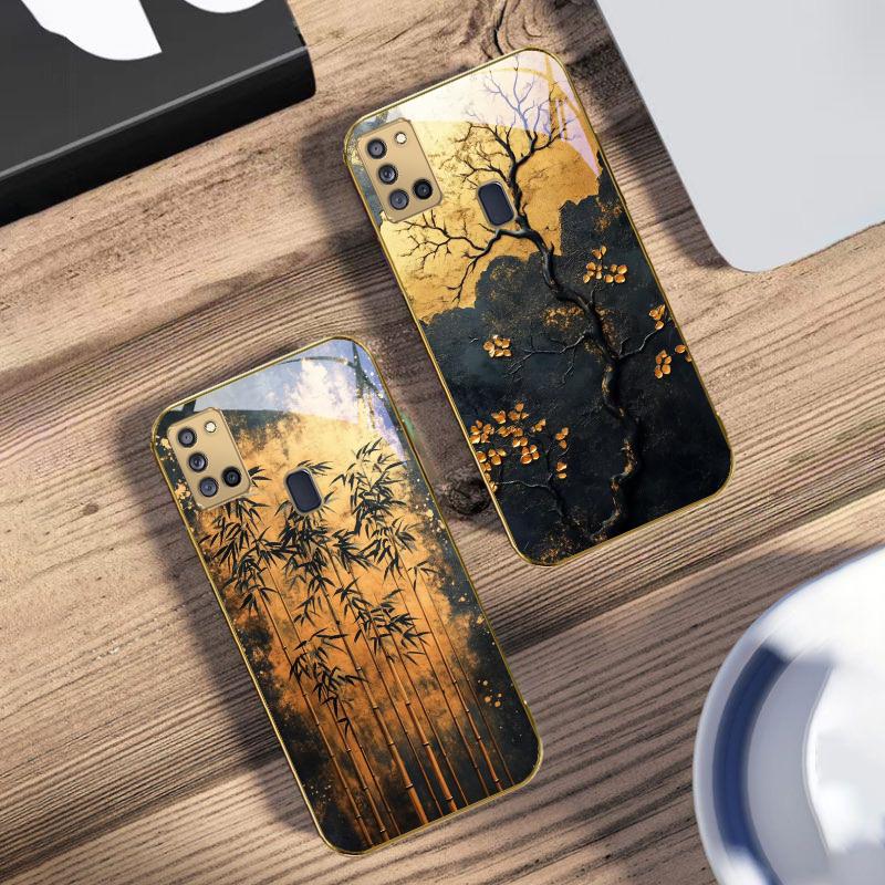Goldener Zweig For Samsung A 31 32 A33 A34 35 14 A15 13 16 25 26 50 52 53 54 55 56 70 71 72 73 Goldene Glas-Handyhülle