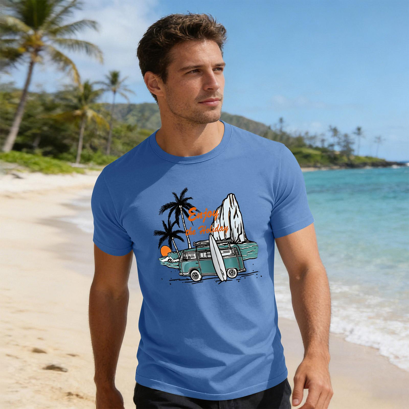 

Men Crew Neck Short Sleeve T Shirt with Surf and Tree Graphic Print Casual Fit Soft Fabric Top XXXL синий
