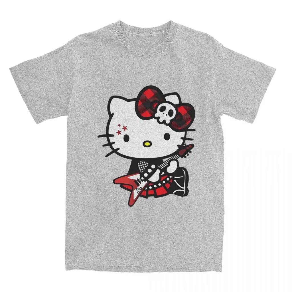 Summer Hello Kitty Tshirt High Quality Cotton Punk Rock Guitar Print Unisex Retro Casual YK Adults Kids
