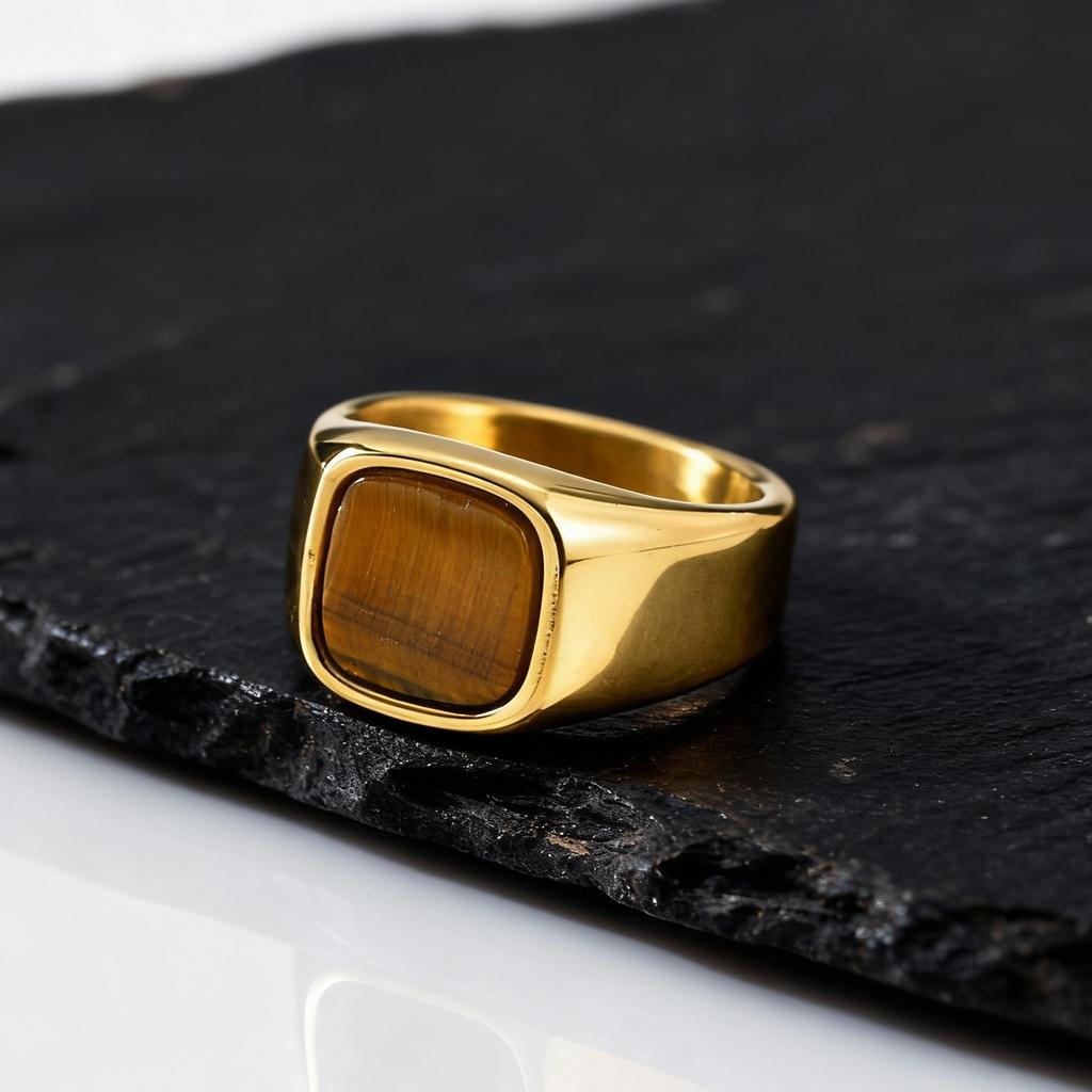 Tiger Eye Stone Signet Ring for Men,Stainless Steel Brown Natural Stone Ring,Rock Punk Cool Fashion Jewelry Gift