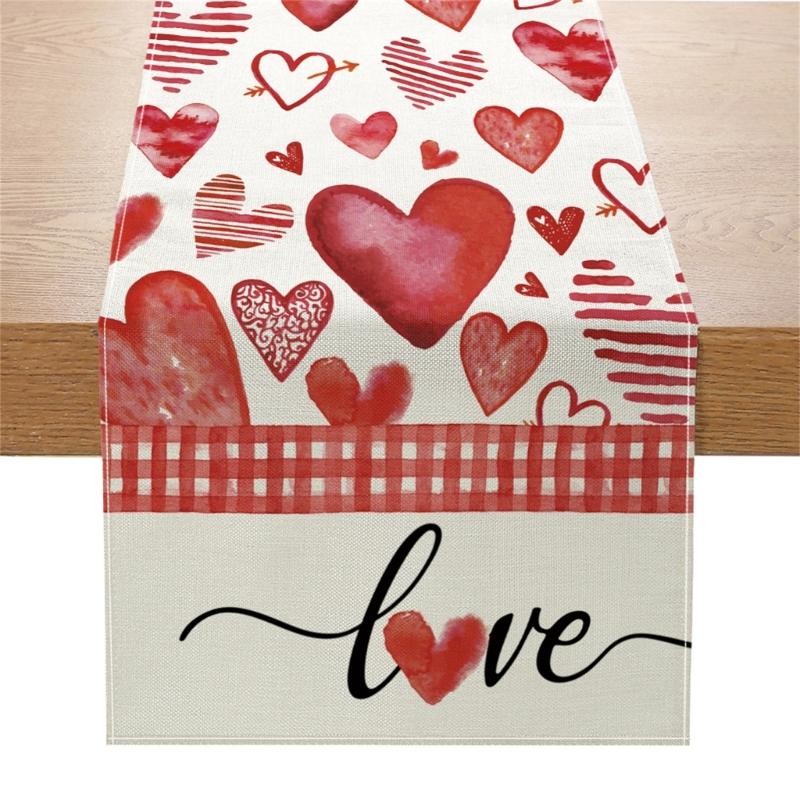 Valentines Day Linen Table Runner Wedding Decoration Heart Gnome Couple Table Runner Tablecloth for Dining Table Decor