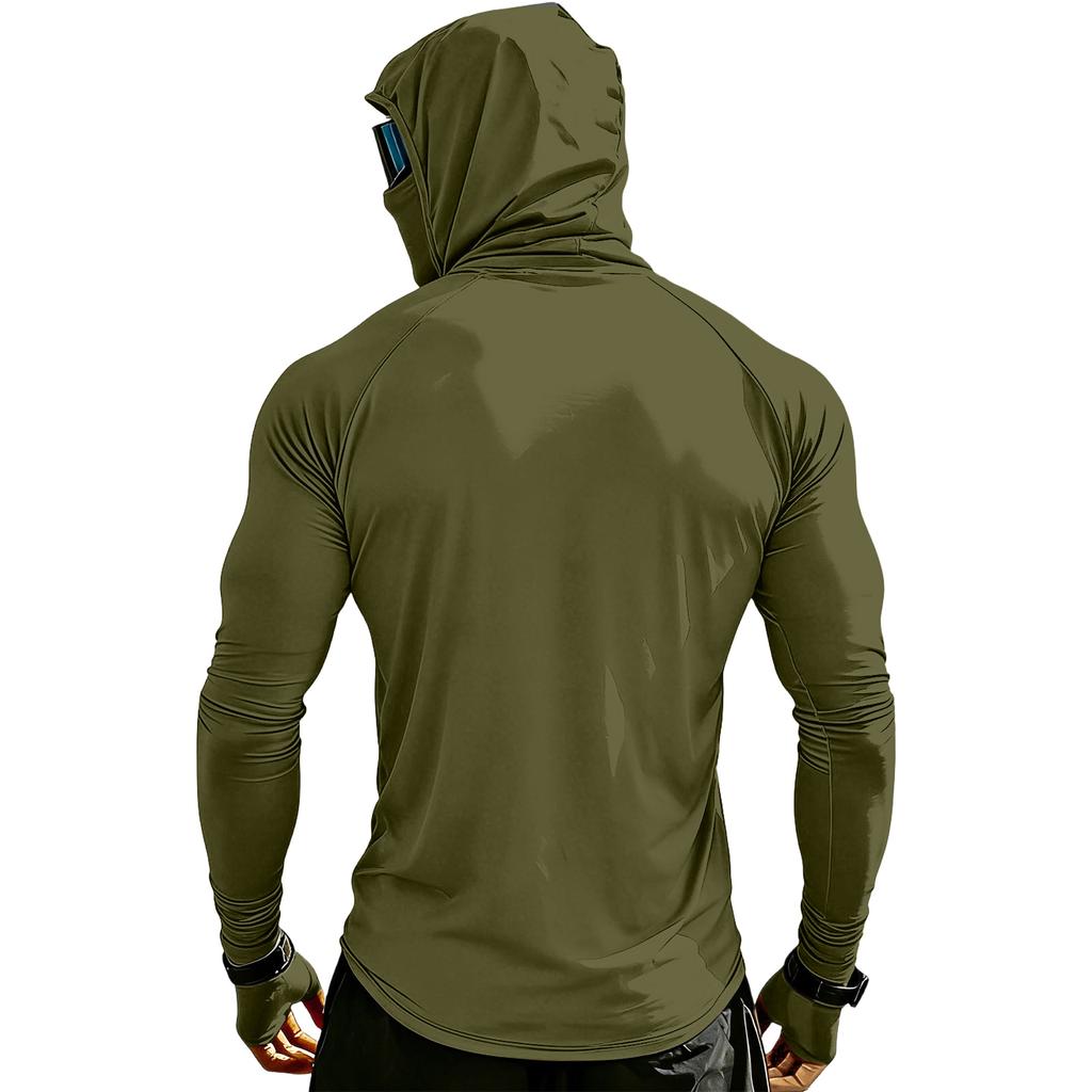 Men’s Long Sleeve Hooded Shirt with Face Cover Lightweight Breathable Athletic Pullover for Outdoor Sports Activities