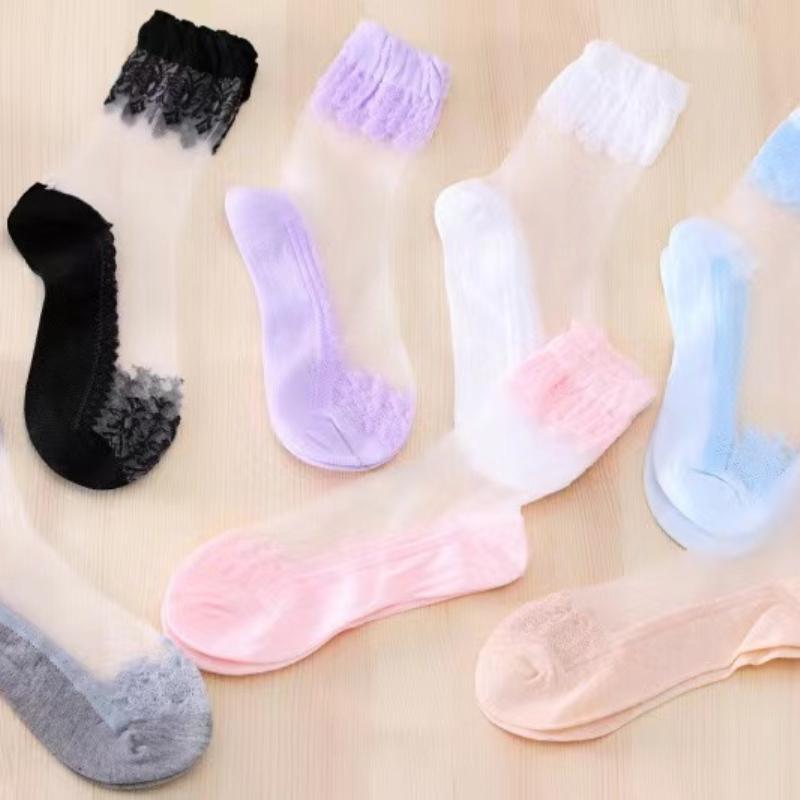 1 Par Verano Primavera Damas Ultradelgados Bordado de Encaje Seda Transparente Vidrio Cristal Elásticos Calcetines Suaves Elásticos Transpirables para Mujer