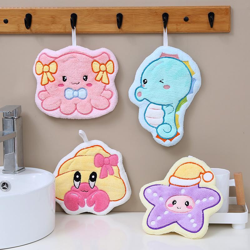 Cartoon marine animal hanging hand towel absorbent quick-drying thickened children's coral fleece soft cute octopus towel