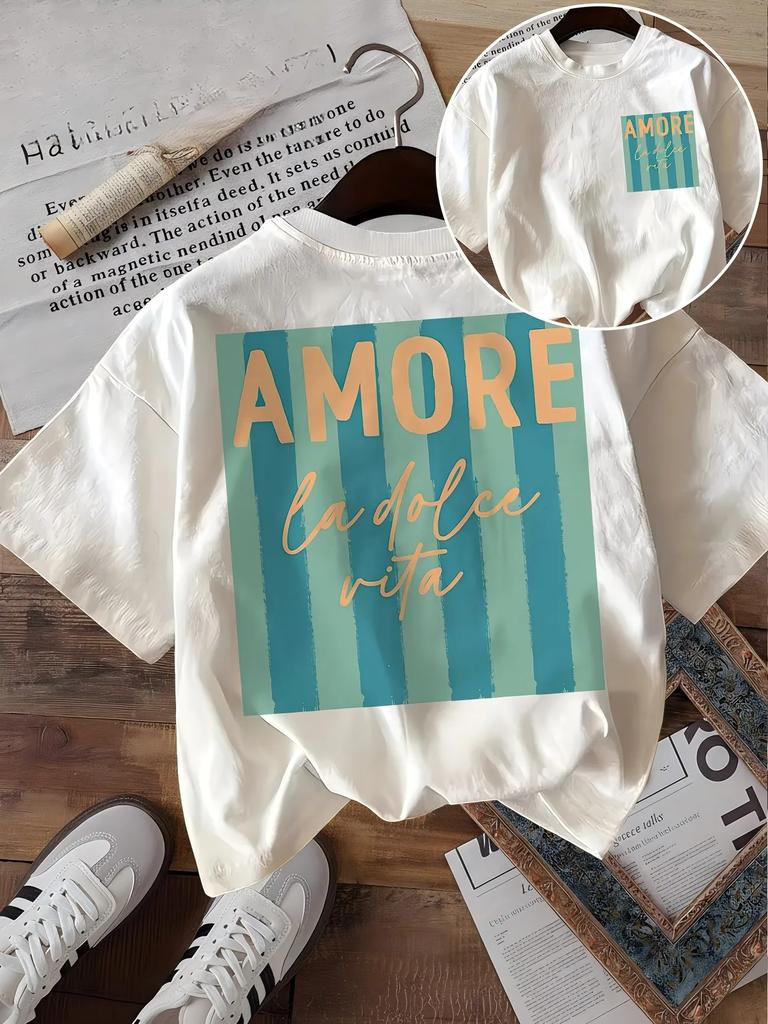 Amore La Dolce Vita Italian Graphic T Shirt for Unisex Retro Striped Print Summer Cotton Tee Vintage Aesthetic Casual Loose Tops
