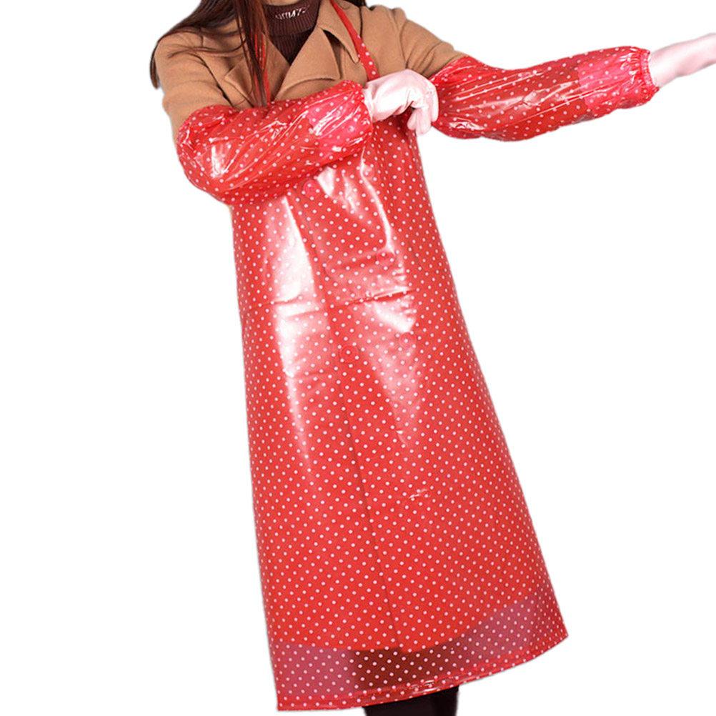 PVC Waterproof Apron Red Long Style Kitchen Cooking Apron with Oversleeve for Bbq Baking Cooking Grilling Garden Work красный