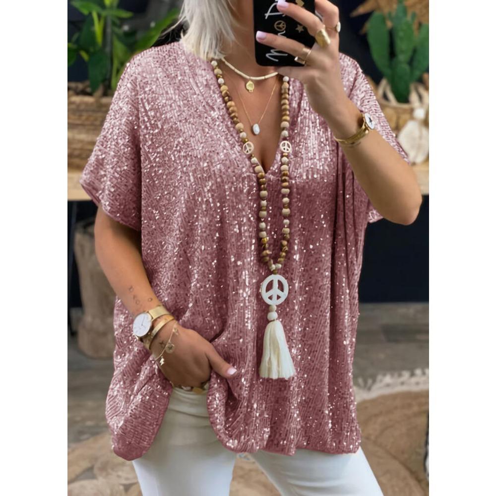 Damen V-Ausschnitt Kurzarm Tunika Oberteil Lockerer Schnitt Lässiges Pailletten Glitzer T-Shirt Für Streetwear Tägliches Urlaubs Outfit