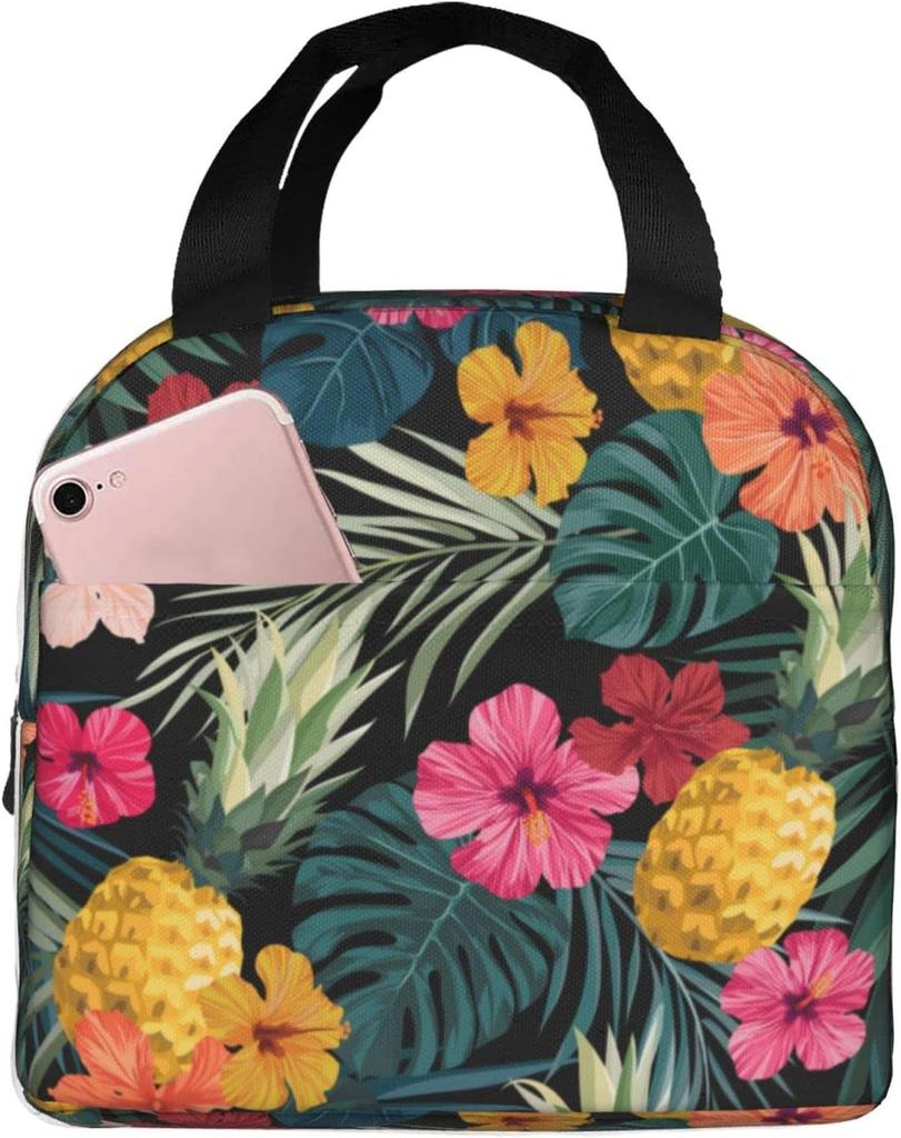 Hawaiian Pattern Flower Portable Lunch Bag Insulated Cooler Tote Box for Travel Picnic Work One Size for Men Women