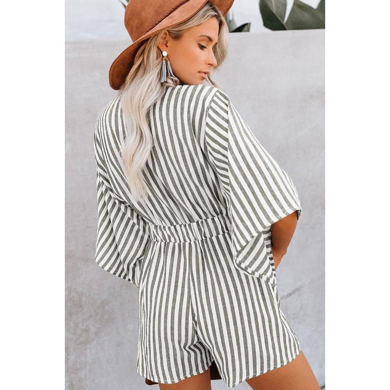Womens Striped Tie Front V Neck Batwing Sleeve Romper With Pockets