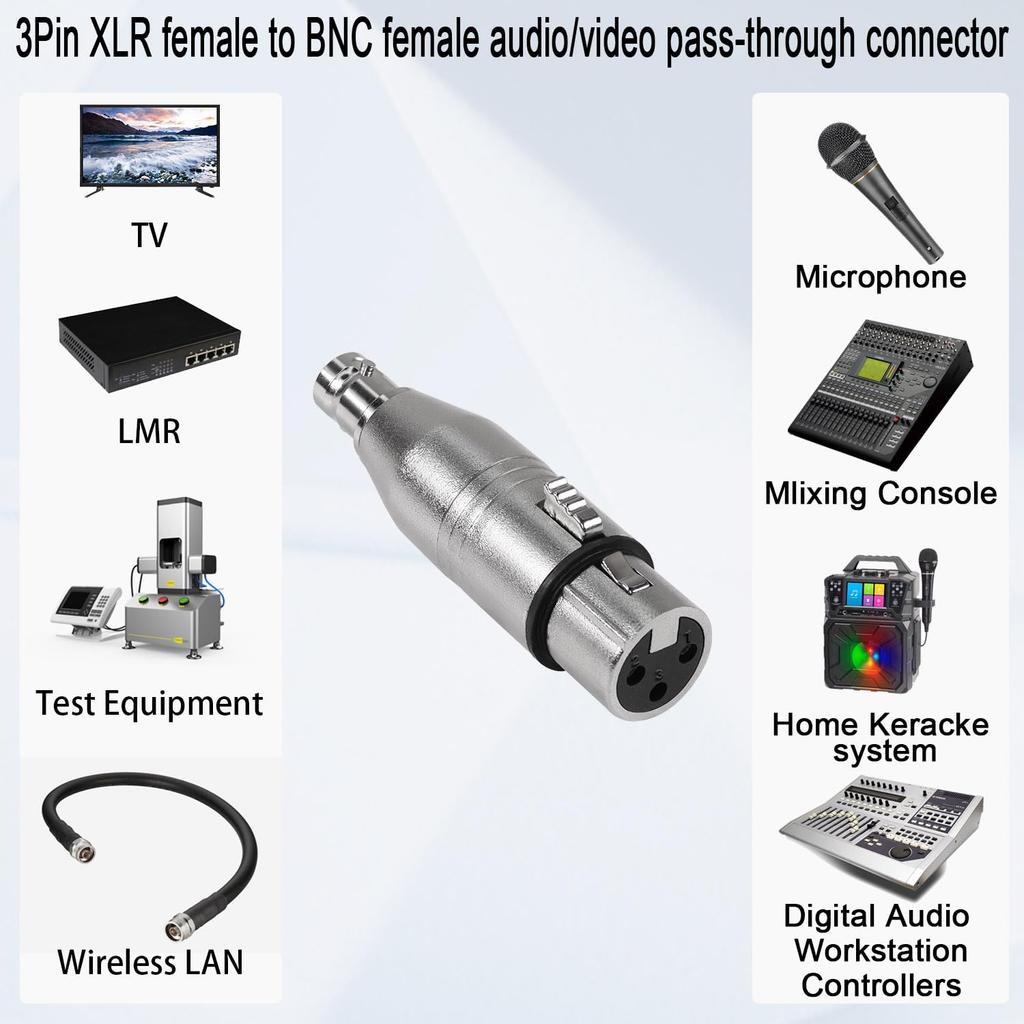 QIANRENON XLR BNC Adapter 3-Pin XLR Female To BNC Female Coaxial Video RF Audio Camera Microphone Mixing Console Extension Converter