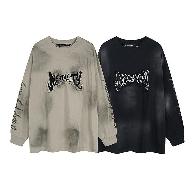 Vintage Washed Graffiti Long Sleeve T-Shirt Unisex Oversized Streetwear Top Cotton Casual Fall