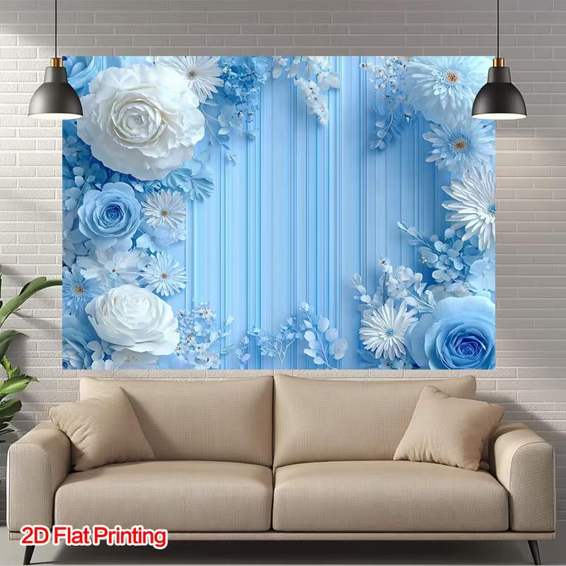 2D Blue Vertical Stripe Wall White Blue Rose Daisy Floral Backdrop Wedding Photography Background Cloth