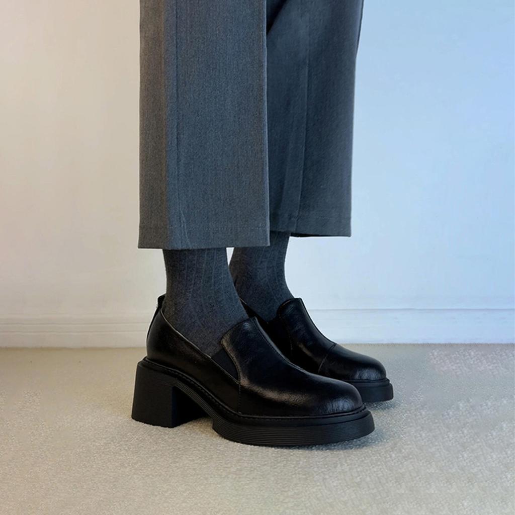 Sheepskin version~ High heel round head loafers women's black leather versatile small leather shoes fashionable one-pedal deep mouth single shoes