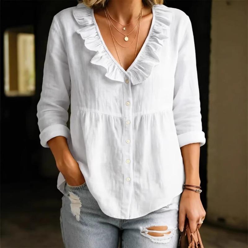 Solid Color Ruffled Long Sleeve V Neck Casual Womens Blouse S белый