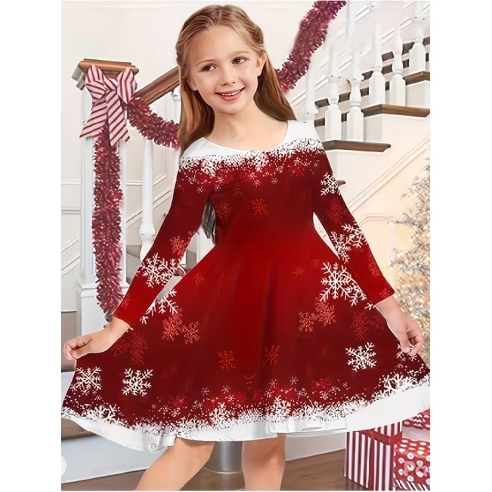 Mädchen Lässiges 3D-Schneeflocken-Print Rundhals Langarm Kleid Kinder Prinzessinnenkleid
